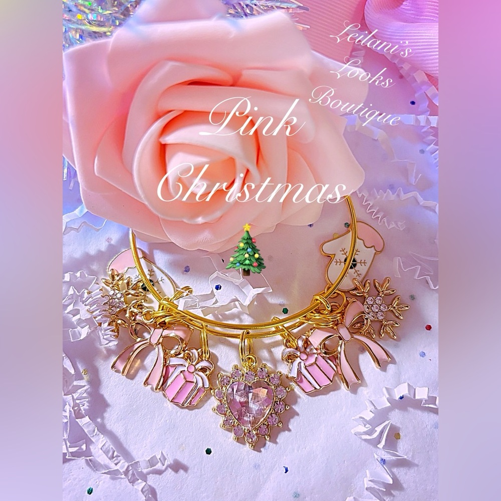 Pink Christmas bangle bracelet/gifts/holiday season/pink presents/pink mittens/